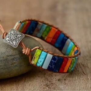 7 Chakra Healing Rectangle Stone Bracelet Woven Leather Rope